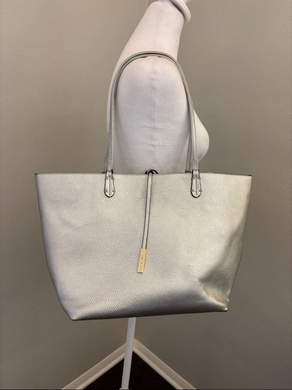 Metallic Silver Leather Tote Bag with Top Tie